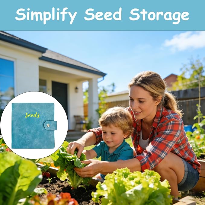 Seed Storage Organizer Binder, PU Seed Packet Organizer with 50 Clear Pockets(25 Pack Sheet Sleeves) and 50 Pack Seed Envelopes, Garden Seed Holder Book, Flower Plant Seed Keeper Blue