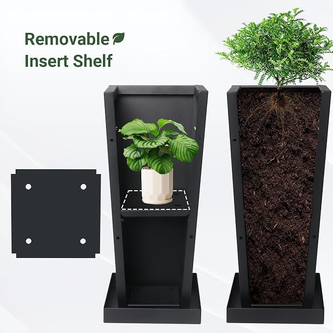 28" Metal Tall Outdoor Planters Set of 2, Durable & Wealtherproof | Tall Planters with Drainage Insert Shelve & Trays, Black Outdoor Planters for Porch, Garden, Yard