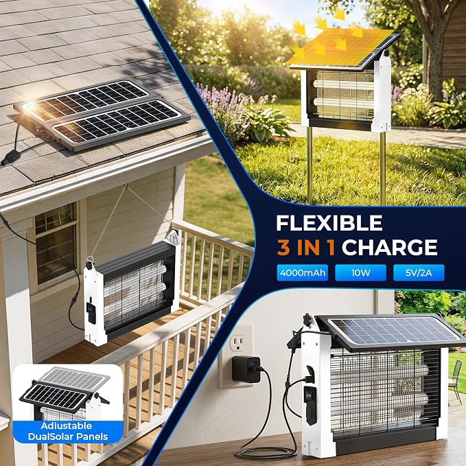 Solar Bug Zapper, 4500V Mosquito Zapper Outdoor Waterproof with Dual Solar Panel, USB Rechargeable Mosquito Killer, Cordless Fly Insect Zapper Waterproof for Patio Yard Garden Home Camping