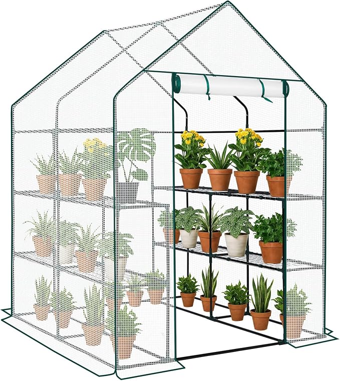 Outvita Walk-in Greenhouse, Outdoor Durable PE Plant Green House for Frost Protection with 3 Tiers 8 Shelves, Shelf Clips, Roll-up Zipper Door, 56"x56"x77" White