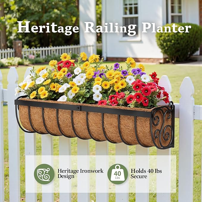 VOXOR Railing Planter Boxes, 24 Inch Window Boxes Planters, Balcony Planters with Adjustable Brackets & Coco Liner for Outdoor Fence, Deck, Porch, and Patio Gardening, 2 Pack
