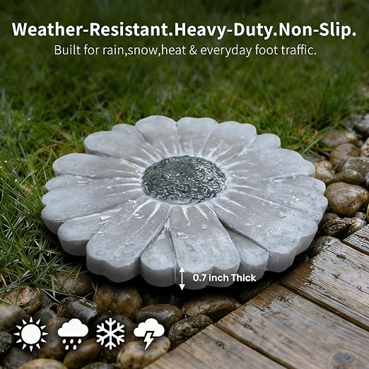 Heavy Duty Concrete Stepping Stone 10 Inch Daisy Design, Non Slip Garden Pathway Stone for Outdoor Walkway Yard Patio Lawn (Gray)