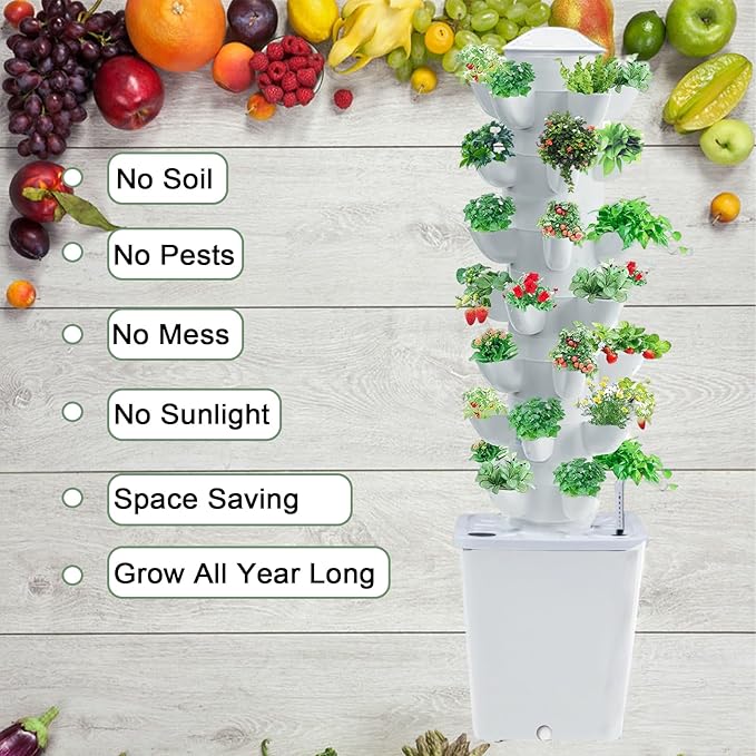 Hydroponics Tower Indoor Growing System Vertical Garden Planter Indoor Smart Garden Kit with Pump and Movable Water Tank Vegetable Plant Gift for Gardening Lover 35-Plants(White)
