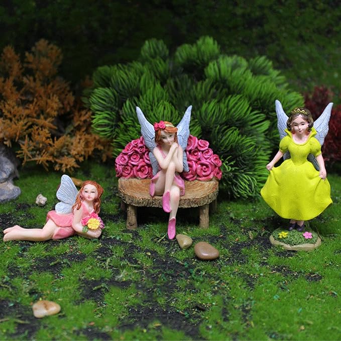 Miniature Garden Fairy Figurines Set, 4 Piece Fairy Garden Accessories with Flower Chair, Cute Fairies Gifts for Outdoor Fairy Garden Decor