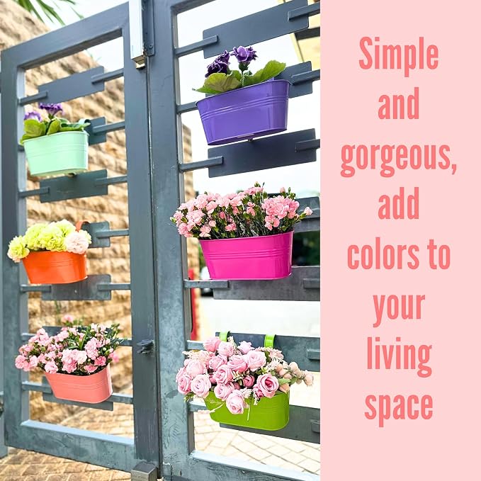 LaLaGreen Rail Planter (11.8 Inch, 6 Pack) Colorful Metal Hanging Flower Pots Railing Fence Balcony Gardening for Apartment Patio Planters Modern Garden Style Iron Outdoor Decoration Porch Decor