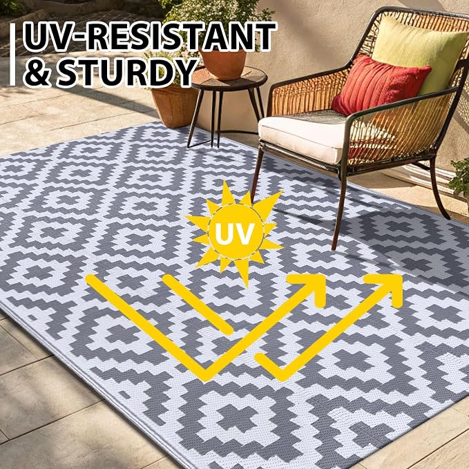 Smiry Waterproof Outdoor Rug 6x9 ft, Reversible Plastic Straw Patio Camping Rugs, Outdoor Indoor RV Mat Carpet for Patio, Outside Entry, Backyard, Deck, Bench, Picnic, Camper, White & Grey