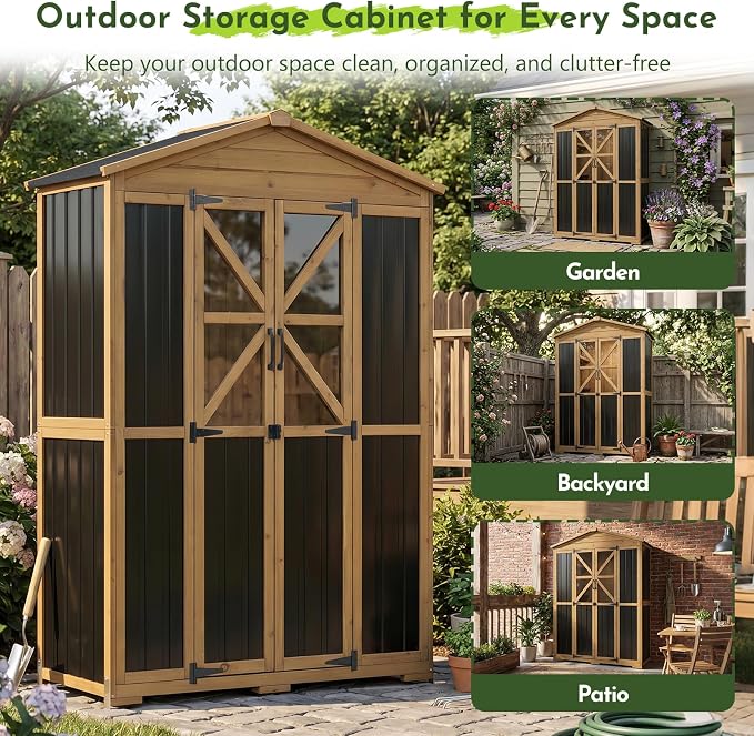 Outdoor Wooden Storage Shed Cabinet with 6 Adjustable Shelves | 48.8'' Tall Outdoor Cabinets with Lockable Double Doors, Transparent Window, Hooks, Reinforced Structure, Waterproof Roof