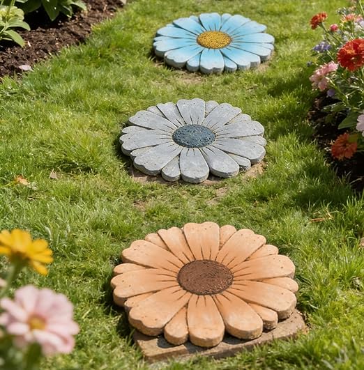 2 Pack Daisy Cement Stepping Stones 10 Inch, Heavy Duty Garden Pathway Stones, Non Slip Outdoor Walkway Decor for Yard Patio Lawn, Weather Resistant Cement Stepping Stones (Orange)