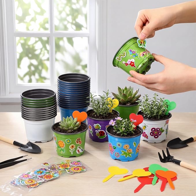 100 Sets Garden Pot Craft Kit, Flower Plant Spring Craft Including Plastic Nursery Plant Pots Labels Tags Stickers for DIY Flower Planting Growing Birthday Arts Kit (Cute)
