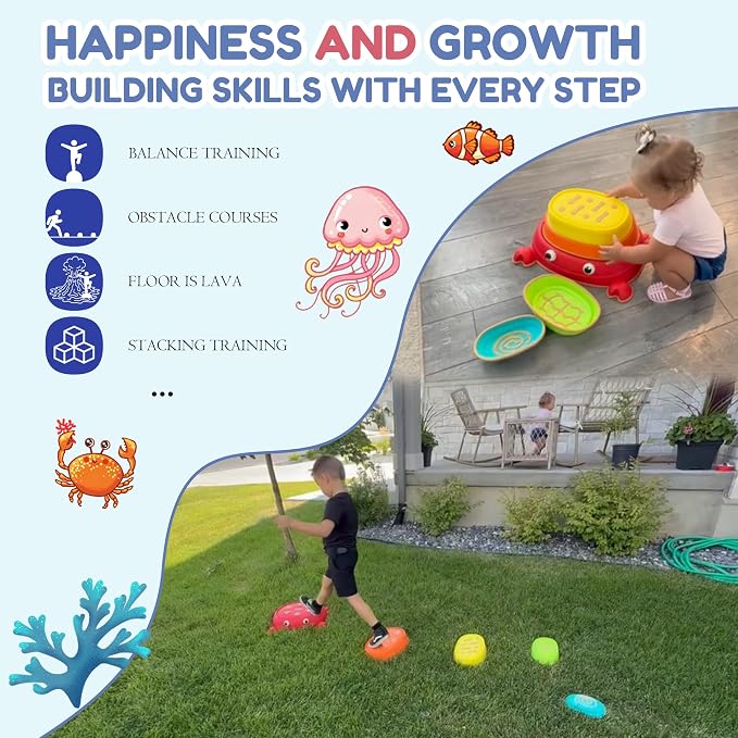 makarci Balance Stepping Stones for Kids, Non-Slip Toddlers Sensory Toys Outdoor or Indoor Play, Promoting Motor Skills and Confidence, Coordination Toys for Children Age 3 4 5 6 7+（Crab）