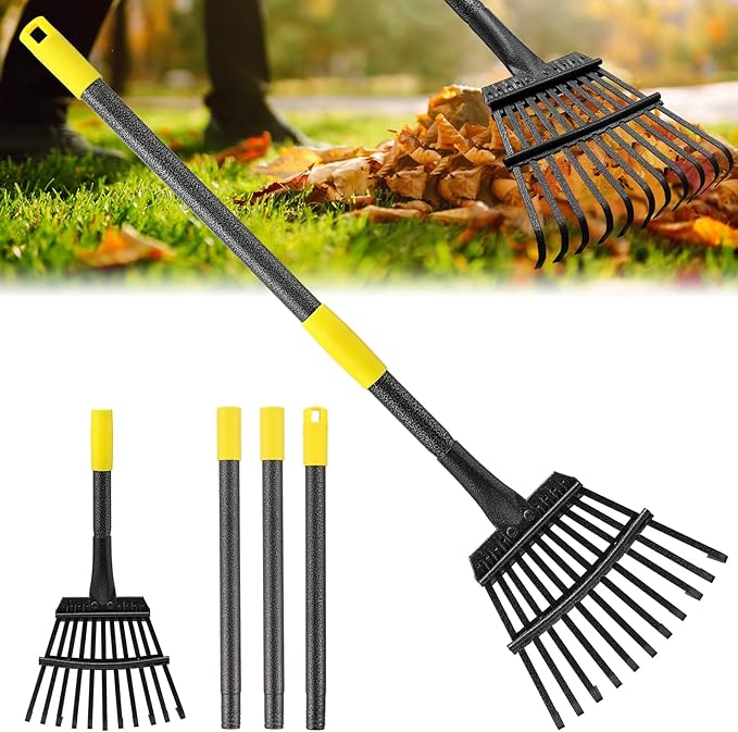 Rake for Leaves - 11 Tines Heavy Duty Metal Small Narrow Leaf Rakes, Adjustable Garden Rake for Lawns Yard Flower Bed Grass Mulch Shrub Camping Gardening 65inch