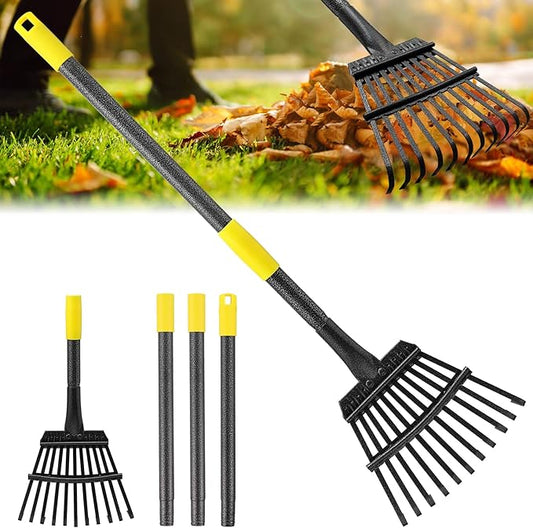 Rake for Leaves - 11 Tines Heavy Duty Metal Small Narrow Leaf Rakes, Adjustable Garden Rake for Lawns Yard Flower Bed Grass Mulch Shrub Camping Gardening 65inch