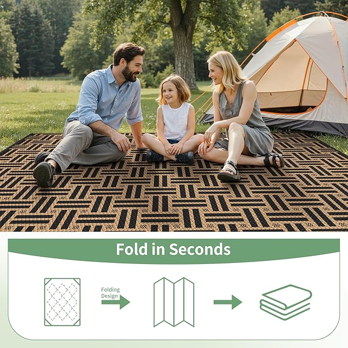 GENIMO Outdoor Rug for Patio Clearance, 6'x9' Reversible Geometric Plastic Straw Rugs, Lightweight Waterproof RV Camping Mat for Camper, Balcony, Deck, Backyard, Picnic, Black Brown