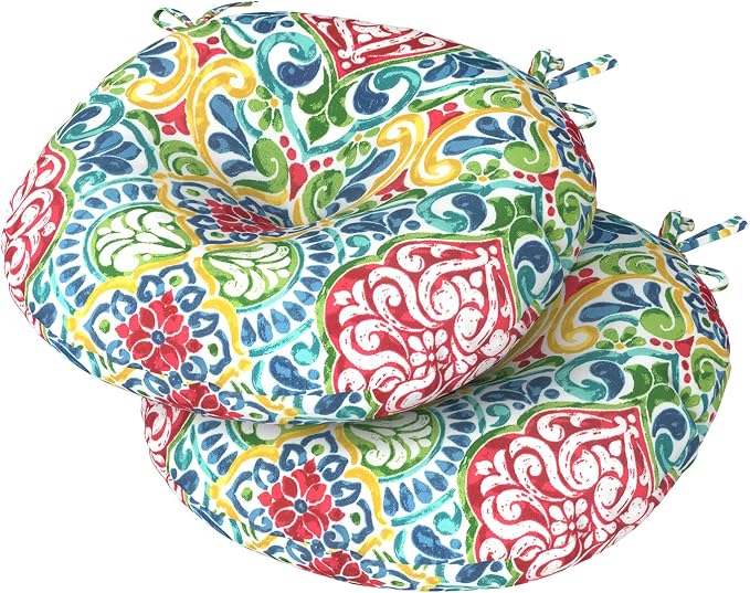 DYTXIII Set of 2 Outdoor Round Chair Cushions 15"x15"x4" with Ties, Water Repellent Tufted Bistro Seat Cushions, Thick Patio Chair Pads for Bar Stool, Garden & Dining Furniture - Damask Red