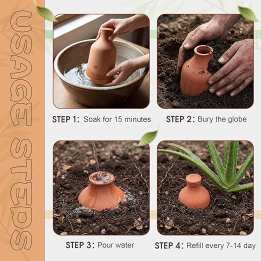 DoubleFill 2 Pcs 50oz Ollas Terracotta Watering Pots Self Watering Planter Insert Terracotta Globes Clay for Outdoor Indoor Garden Plants, Easy to Refill