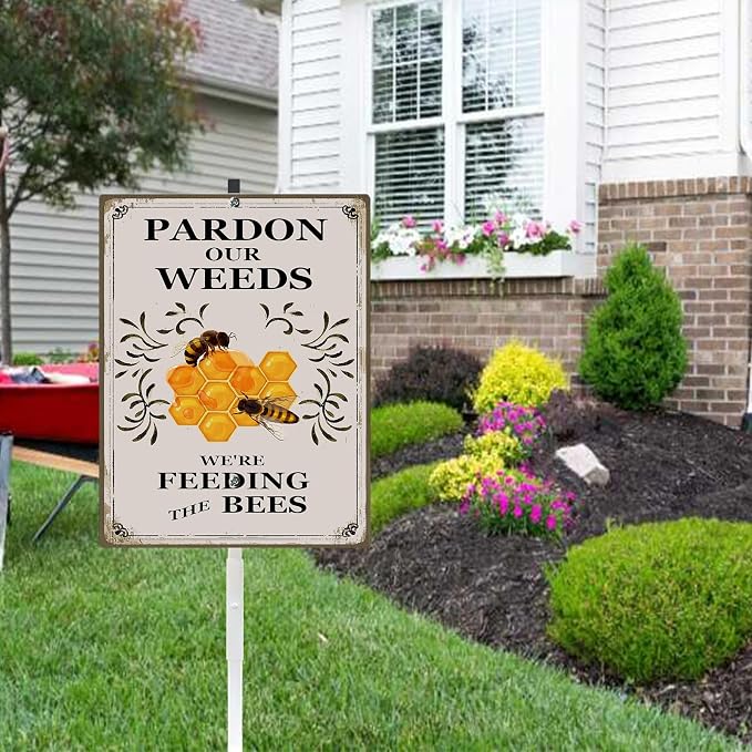 Pardon the Weeds We're Feeding The Bees Yard Sign with Stakes Do Not Mow 8x12 IN Aluminum Lawn Sign Stand for Yard Garden Pollinator Wildflower Save Bee Habitat Sign Outdoor Decorations