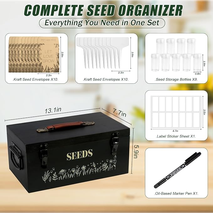Large Seed Storage Organizer Box with Handle, Bamboo Wood Seed Packet Storage, Seed Holder Organizer, Seed Saving Box with Safety Lock, Seed Envelopes and Labels, Great Gifts for Gardener