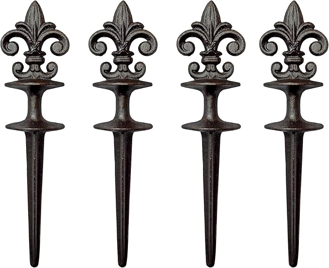 Lulu Decor, Cast Iron Garden Fleur de lis Hose Guides Antique Black, Set of 4. Strong and Decorative Hose Guide that Protects Your Plants and Provides Elegance to Your Garden.