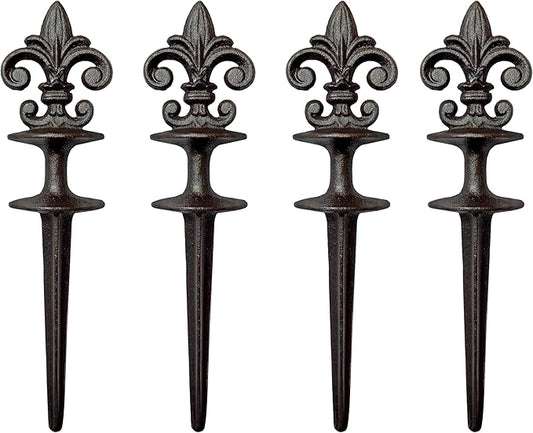 Lulu Decor, Cast Iron Garden Fleur de lis Hose Guides Antique Black, Set of 4. Strong and Decorative Hose Guide that Protects Your Plants and Provides Elegance to Your Garden.