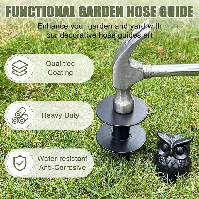 4 Pack Hose Guides for Garden Heavy Duty Metal Water Hose Guards for Flower Beds Decorative Garden Stake Spike Owl-Shaped Black Cast Iron Plant Protector for Lawn Yard Ground Outside Flower Bed