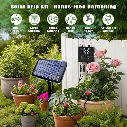 Solar Drip Irrigation System for 10 Potted Plants, Auto Watering Kit with 32FT Hose & 10 Drippers, Smart Timer & Low Water Alarm, Self Watering for Outdoor Balcony, No Electricity Needed