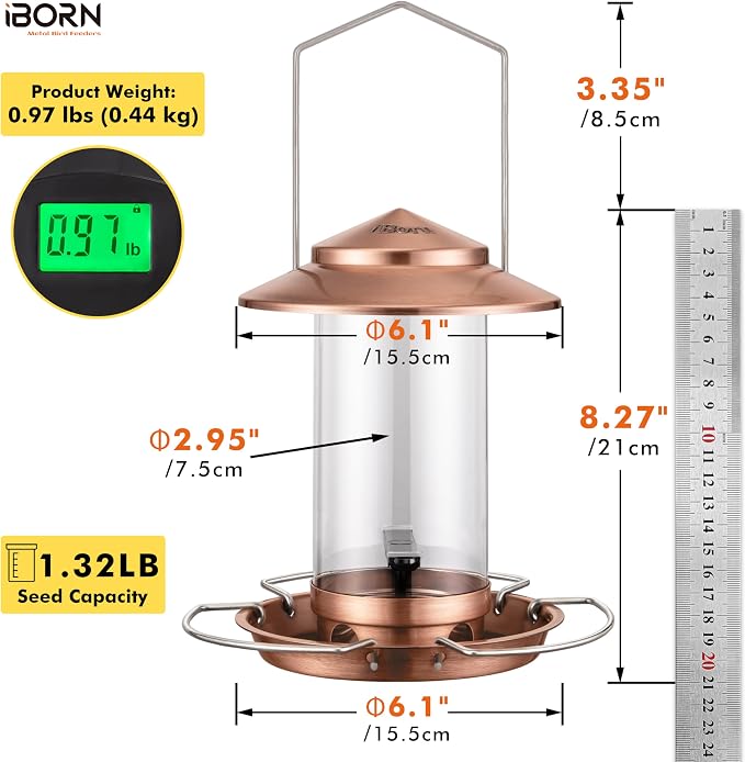 iBorn Bird Feeder Metal Squirrel Chew-Proof Bird Feeders for Outdoors Hanging Outside for Cardinal, Holds 1.32LB Seed with 3 Perchs, Brushed Copper (Seed is not Included)