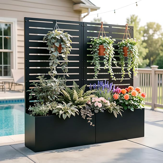 Baotree Metal Raised Garden Bed with Trellis and Wheels, 47"x24"x12" Planter Box for Climbing Plants, Vegetables & Vines, Features Drainage Holes and Privacy Screen (Black-Louvered)