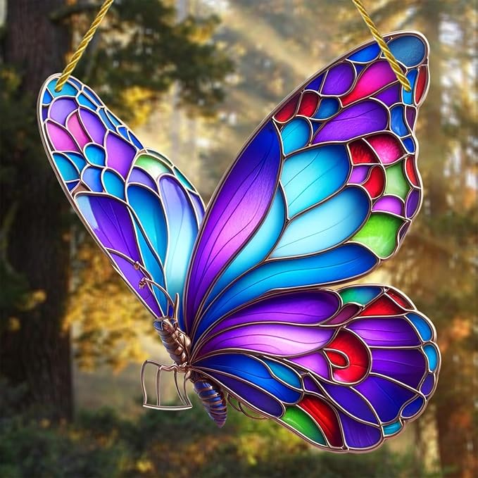 Color Butterfly Stained Window Hanging Ornament, Butterfly Shape Garden Stained Acrylic Double-Sided Printed Window Panel, Great Gift for Mom Grandma for Birthday Mother's Day or Housewarming