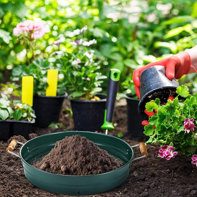 Funnymoom Soil Sifter for Gardening with 1, 3, 6, 9, 12 mm Sieve Mesh Compost Dirt Sifter with Handle Large Garden Sand Soil Rock Sieve 17.7" l x 13.8" W for Sand Rocks Pellet Gravel (Green)