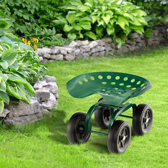 Garden Cart with Seat, Heavy-Duty Rolling Outdoor Wagon Scooter w/Height Adjustable & 360° Swivel Seat, Gardening Work Seat Stool, Patio Scooter on Wheels for Lawn Yard Planting (Green)