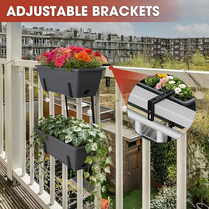 Balcony Planters Railing Hanging, Deck Railings Planter Boxes 16.9in, Railing Planter Box, Deck Planters for Railings, Railing Flower Box with Metal Brackets, Grey (2Pcs)