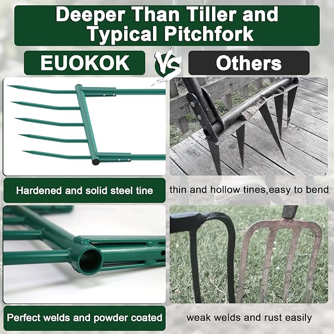 Broad Fork Garden Tool - 5 Tines Heavy Duty Broadfork for Digging, Cultivating & Loosening Soil, Ergonomic U-Shaped Design Hand Tiller for Gardening & Farming