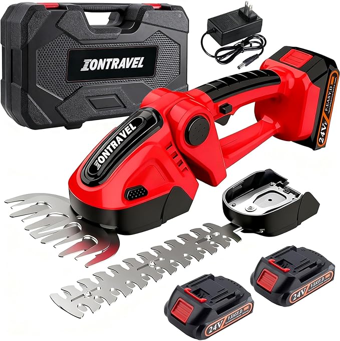 Cordless Hedge Trimmer-24V Electric Shrub Trimmer Grass Shears Handheld Grass Cutter, Hedge Shear with 2 PCS Rechargeable Battery, Charger and Toolbox to for Garden, Lawn, Red