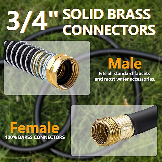 5/8" x 75ft Garden Hose, -40℉ To 190℉ Hot/Cold, Heavy Duty,Flexible, 300psi Working, 1000psi Burst, 3/4" Brass Fittings with Hose Protector Coil Spring for Outdoor,Yard, Farm