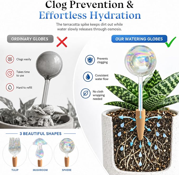 HyJeryty Non-Clogging Iridescent 2 Pack Ball Plant Watering Globes with Terracotta Spikes, Hand Blown Glass Self Watering Planter Insert Plant Watering Devices Bulbs for Indoor and Outdoor Plants