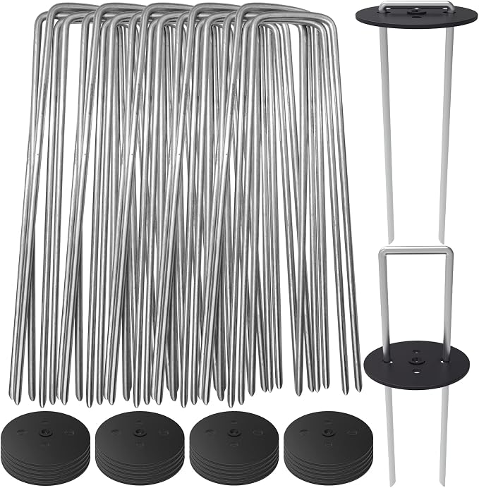 AAGUT 50 Pack Landscape Staples with Gasket Washer Caps, 6 Inch Vapor Barrier Stakes, Metal Garden Stakes Landscape Fabric Staples for Gardening Landscaping, Sod Fence Yard Lawn Ground Weed Mat Pins