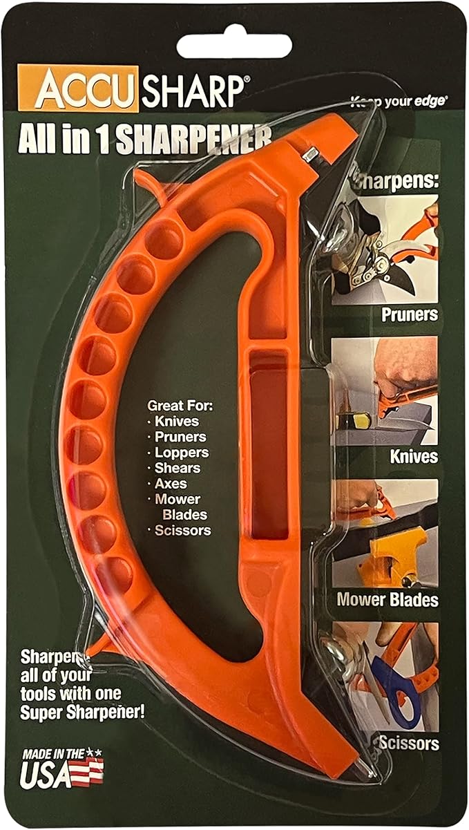 AccuSharp All-in-One Sharpener, All Purpose Sharpener for Knives, Scissors, Garden Tools, Sharpens & Restores Serrated Knives, Cleavers, Axes, Machete, Orange