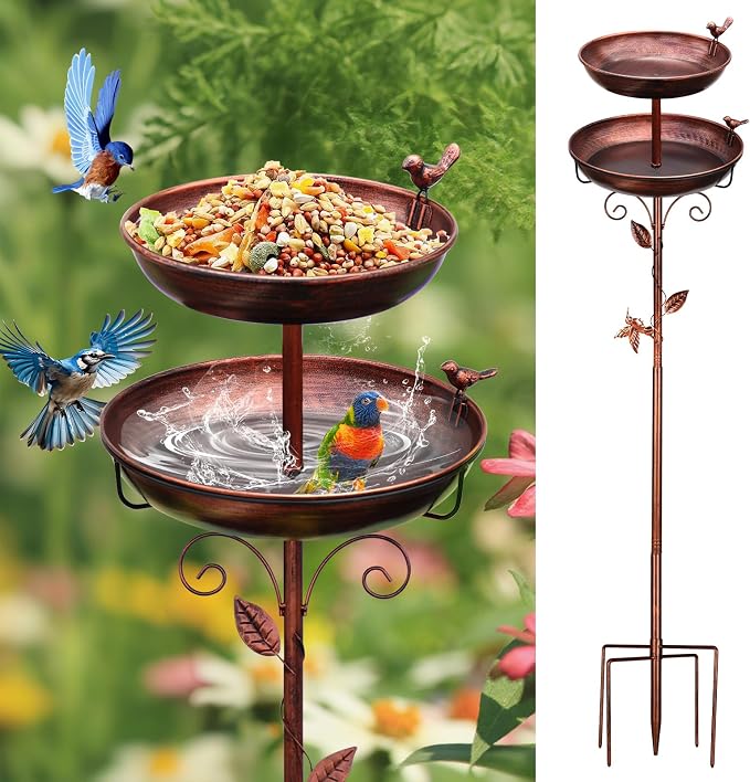 Bird Bath for Outside, 2-in-1 Birdfeeder and Bath, 42 Inch Tall Stand with Hummingbird, Large 12Inch & Small 7.9Inch BirdBaths Bowl, 3 Bird Decor for Garden, Antique Bronze