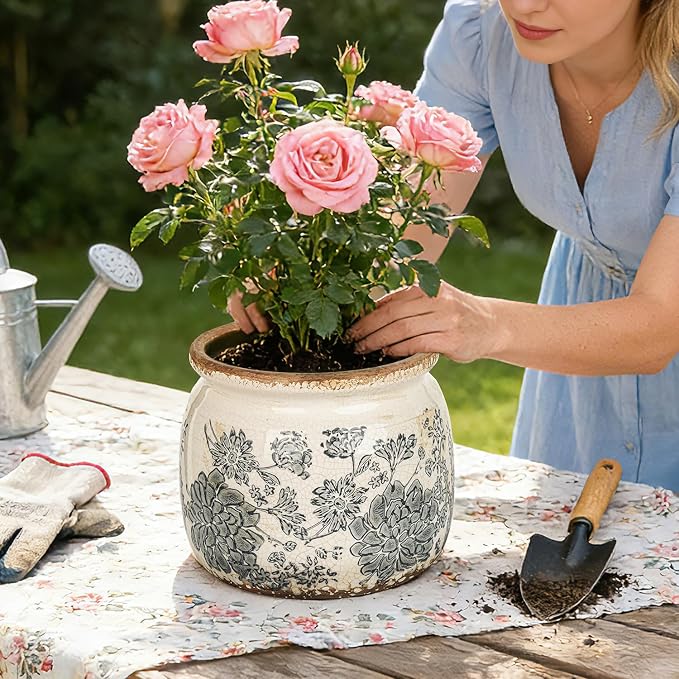 Sungmor Set of 2 Farmhouse Ceramic Planters with Drainage Hole,Vintage Crackle Glaze Flower Pots, Tuscan Decor Pots for Indoor/Outdoor Herbs,Succulents and Small Flowers