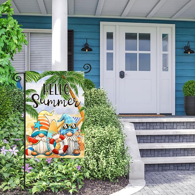 Hello Summer Garden Flags 12x18 Inch Double Sided, Cartoon Gnomes at The Beach Yard Decoration, Small Seasonal Outside Decor for Spring Outdoor Farmhouse Holiday
