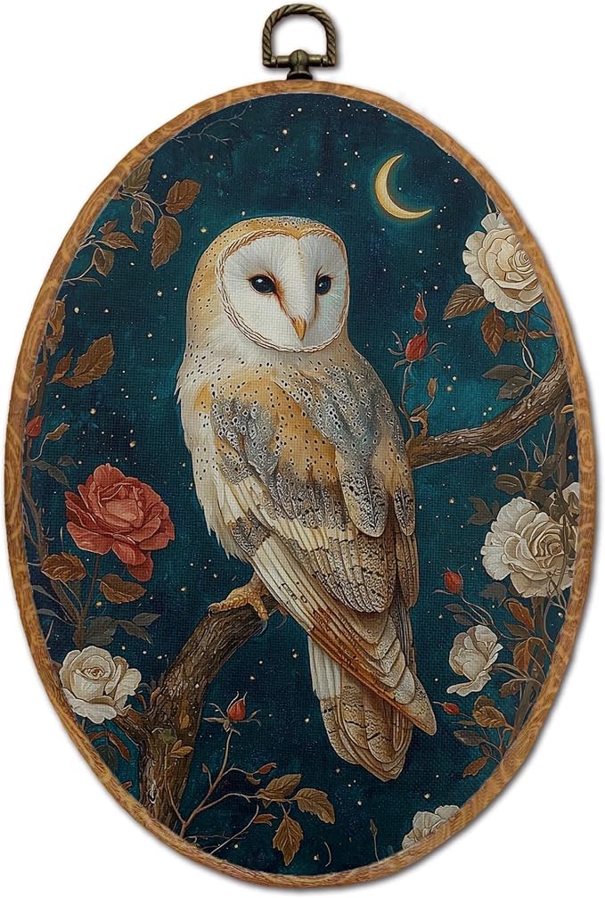 DOFQZ Vintage Moody Barn Owl Oval Wall Art Decor, Dark Academia Cottagecore Floral Owl Framed Wall Art, Whimsical Gothic Owls Walls Hanging Decor for Home Bedroom Living Room, 8.5x11.5 Inch