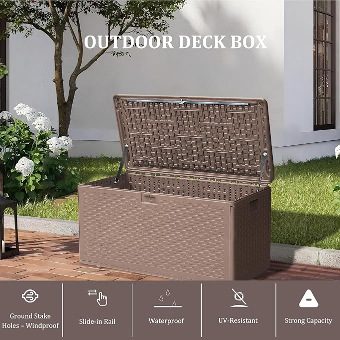 TARKARI 80 Gallon Deck Box,Outdoor Storage Box Lockable,Waterproof for Patio Furniture, Garden Tools, Pool Accessories, Package Delivery Boxes For Outside, Brown