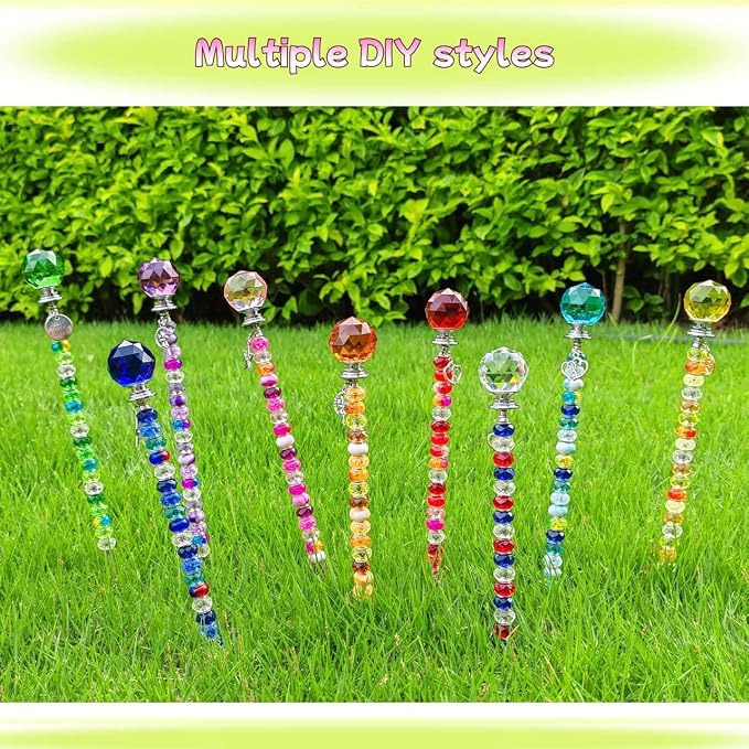 72Pcs Beaded Garden Stakes Kit - DIY Fairy Wand Garden Stake Beads Kit, Fairy Garden Accessories Outdoor for Different Festivals, Beadable Items Ball-(Red+Green+Yellow)