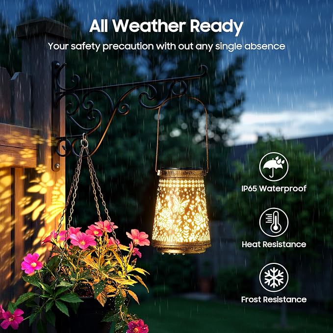 4 Pack Solar Lanterns Outdoor Waterproof Birthday Gifts for Women Mom Grandma, Hollowed-Out Metal Butterfly Hanging Solar Lantern Lights Outdoor Decor, 2 Lighting Modes for Yard, Patio