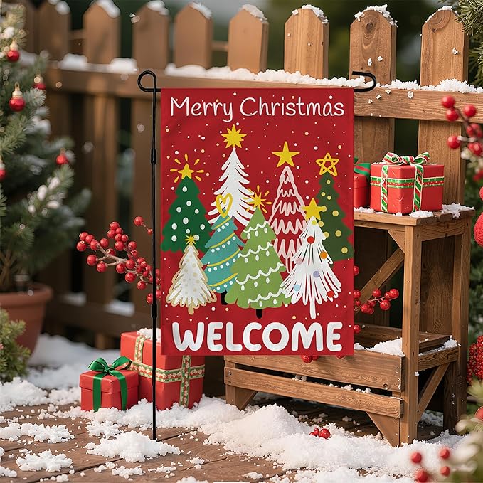 Christmas Decorations Outdoor - Xmas Tree Welcome Garden Flag | Christmas Party Decor Favors Supplies for Indoor Outside -Red Navidad Double-Side Backdrop Banner for Garden Porch Patio Lawn Yard,12x18