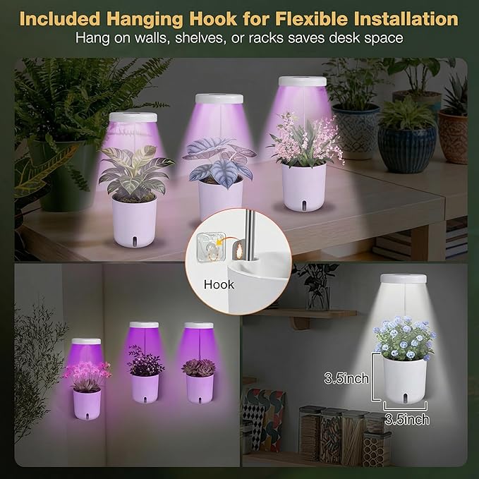 Self-Watering Planter with Grow Light, Smart Indoor Pot for Venus Fly Trap, Carnivorous Plants, African Violet, Cat Grass, Catnip & Herbs, 2-in-1 Wall + Desktop, USB 5W Full Spectrum LED