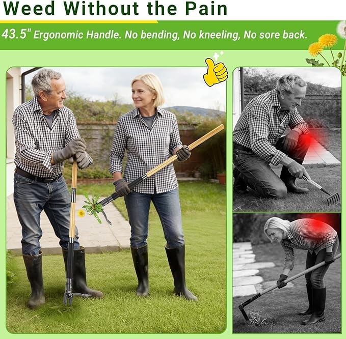 Weed Puller Tool, Heavy Duty Gardening Hand Tools with 4-Claw Steel Head & Dual-Eject Mechanism, 43.5" Bamboo Long Handle Stand Up Weeding Tool for Lawn Yard, Includes 16 Gallon Leaf Bag | 4-Claw Steel Head,Dual-Eject Mechanism,43.5" Bamboo Long Handle