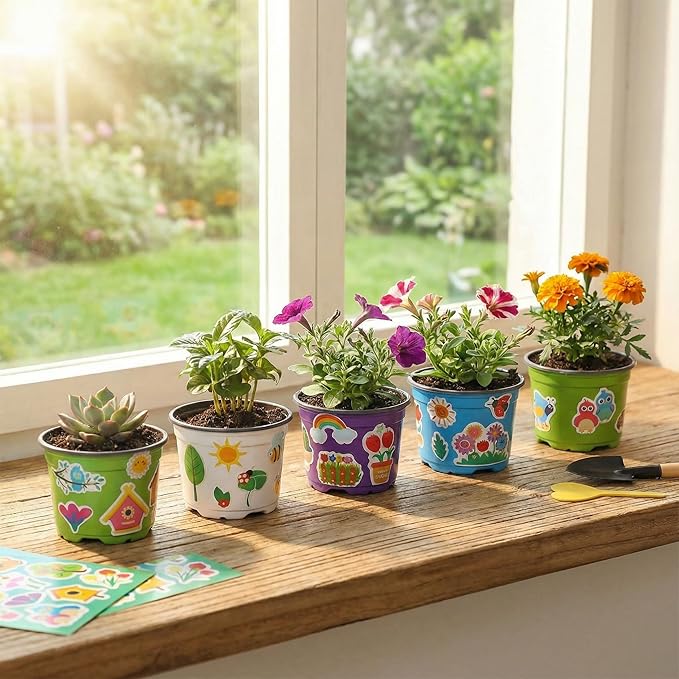 200 Sets Garden Pot Craft Kit, Flower Plant Spring Craft Including Plastic Nursery Plant Pots Labels Tags Stickers for DIY Flower Planting Growing Birthday Arts Kit (Lively)
