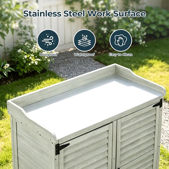 Outdoor Garden Storage Cabinet with Potting Bench, Wood Cabinet with Metal Top, Planting Workstation Table for Patio, Backyard and Garden Tools (Grey)