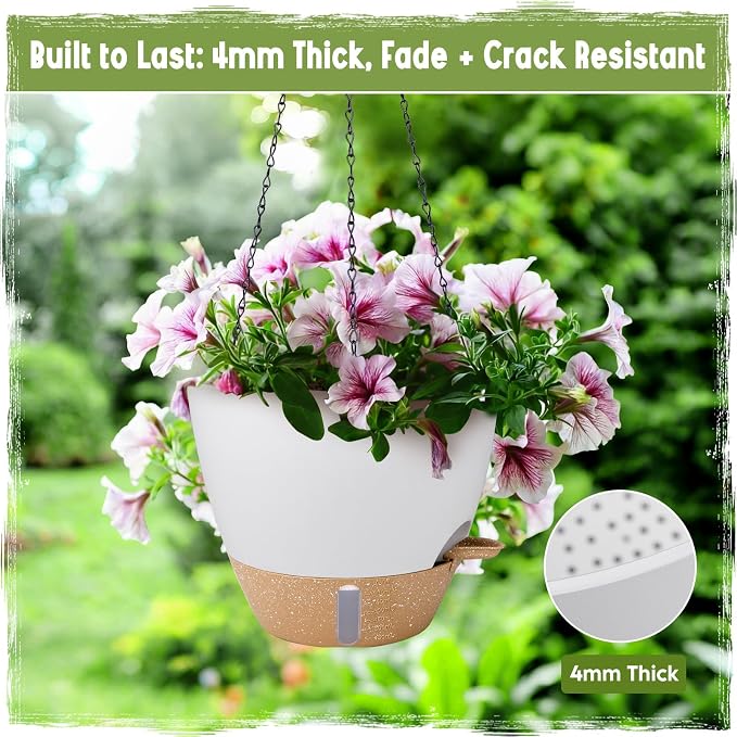 Self-Watering Hanging Planters with Water Level Window, 8/10 Inch Indoor Outdoor Hanging Plant Pots Includes Chain Hangers with Drainage Holes & Detachable Reservoir (White, 8+10 inch)